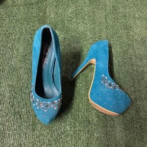 Y2K Women's Blue suede high heels with rhinestone embellishments